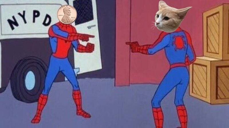 Spider-Man pointing meme with a penny coin and Penney the cat as the two Spider-Men